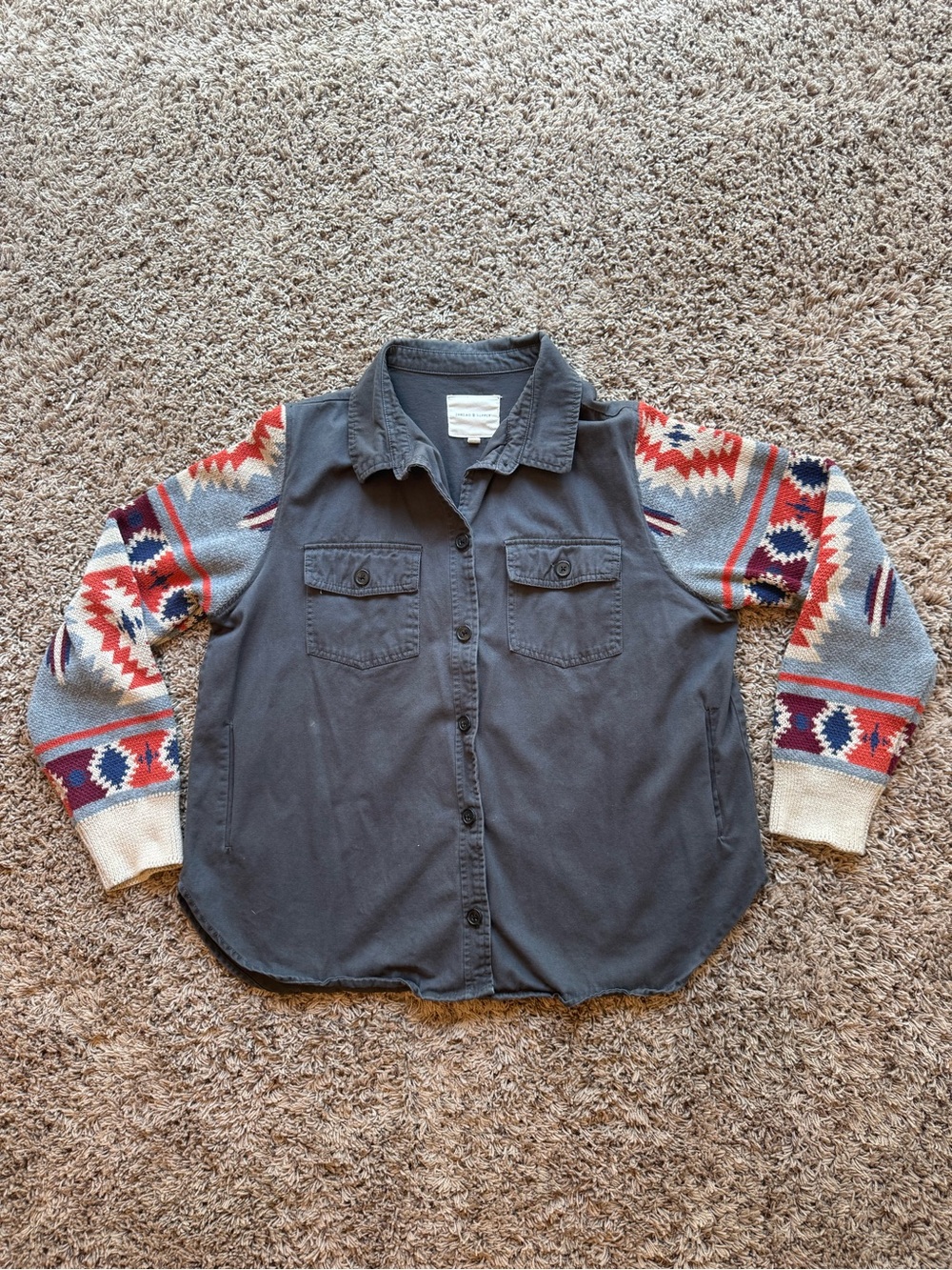 Thread & Supply Gray Bomber Jacket with Multicolor Aztec Knit Sleeves